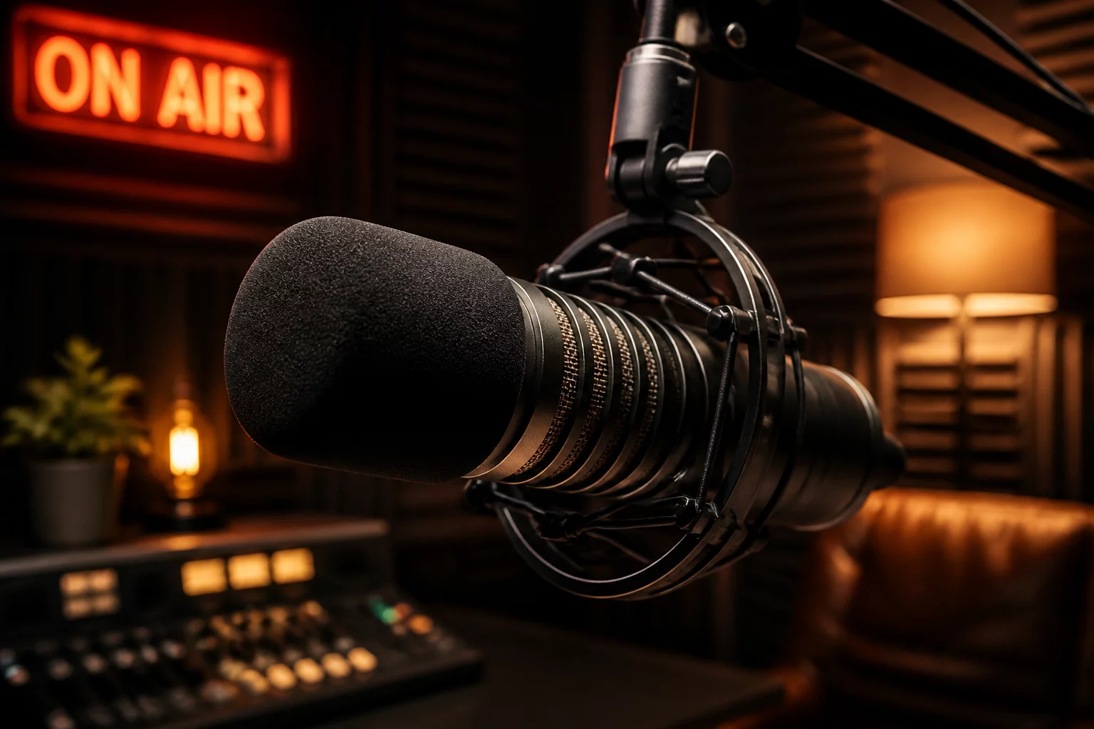 Grabación de podcast en cabina de sonido con micrófonos profesionales