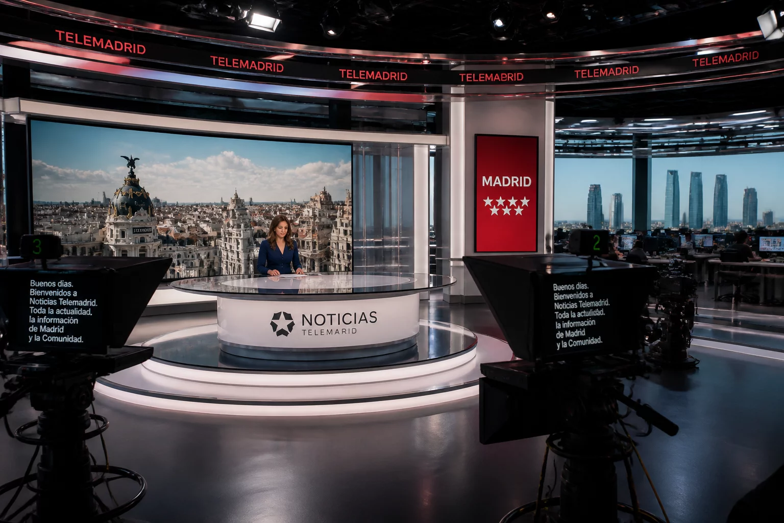 Estudio de televisión con cámaras profesionales y presentadores